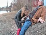 leather shemale doing bj outdoors
