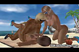 Two 3d babes fuck a tan dude on a beach 